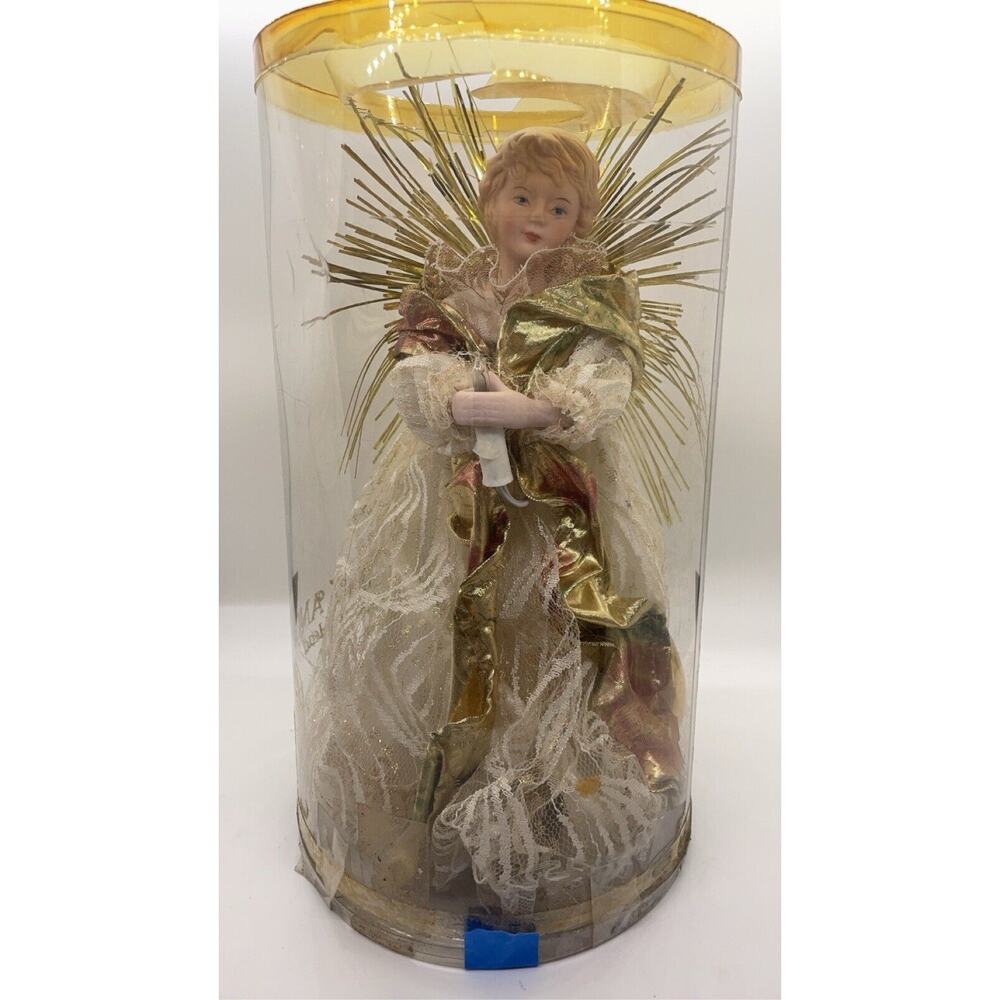 Vintage 14” Porcelain Head Christmas Tree Topper- Lighted. Original Package